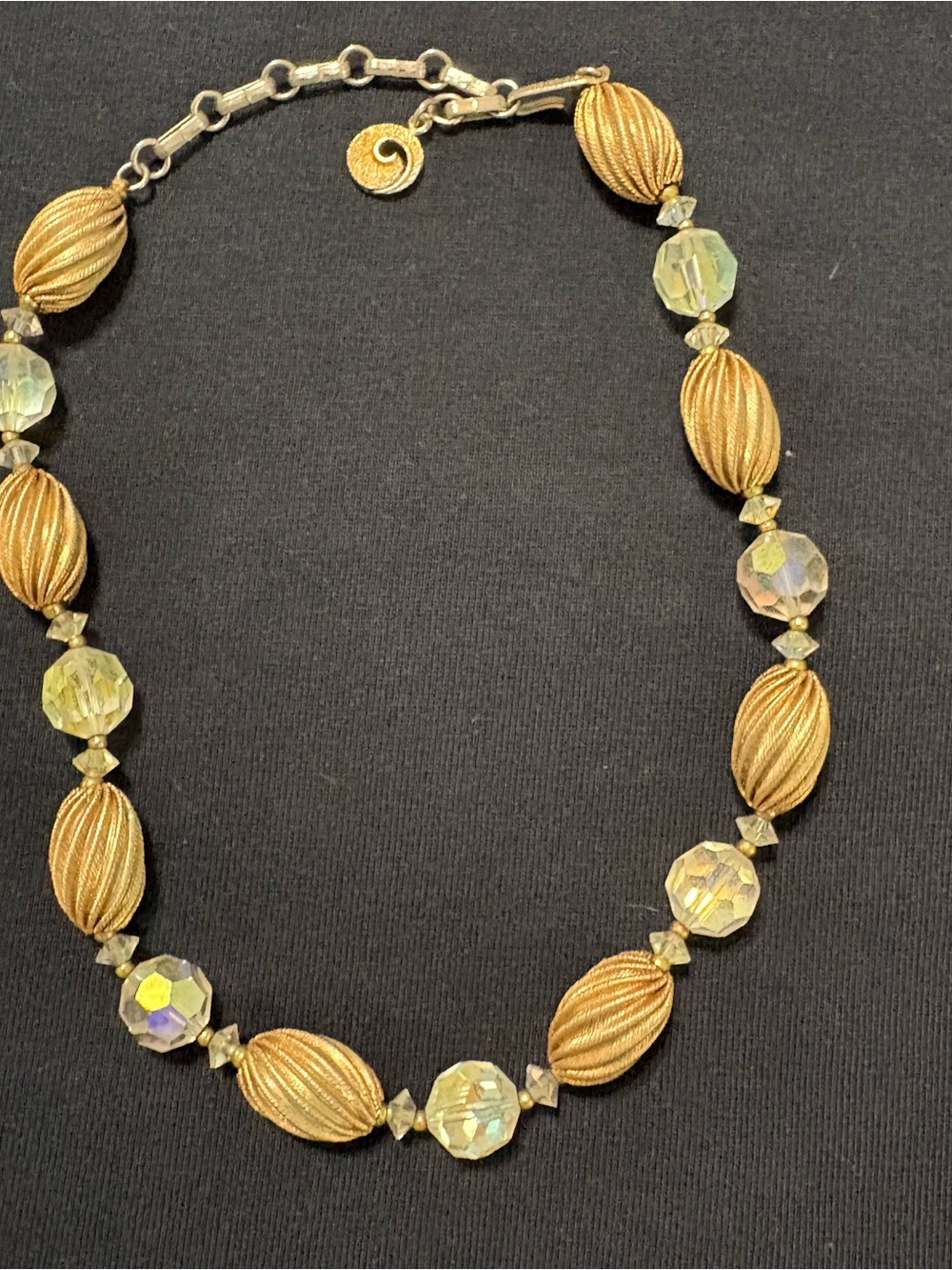 Vintage LISNER Gold Tone Necklace AB Crystal Glass Beads 16” Signed